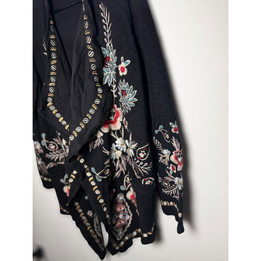 Time for Me Black Floral Embroidered Waterfall Open Front Cardigan Boho Women - Picture 5 of 12